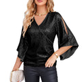 Haut de soirée à paillettes pour femme, chemises de soirée à manches 3/4 scintillantes, tuniques habillées à paillettes, chemisiers disco bling-bling, noir 2XL