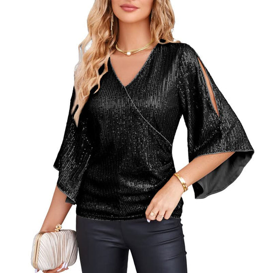 Haut de soirée à paillettes pour femme, chemises de soirée à manches 3/4 scintillantes, tuniques habillées à paillettes, chemisiers disco bling-bling, noir 2XL