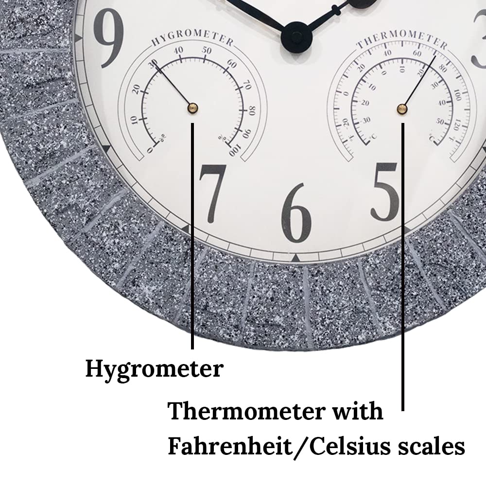 Horloge extérieure en grès Presentime &amp; Co avec thermomètre et hygromètre comme station météo tout-en-un, 14", finition grès gris. Thermomètre météo, décoration extérieure, décoration murale.