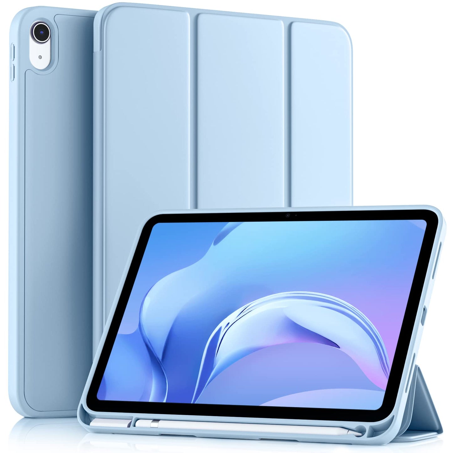 Akkerds Compatible with iPad 10th Generation Case 10.9 Inch 2022 with Pencil Holder, Slim Trifold Stand Protective Cover with Soft TPU Back, Auto Sleep/Wake, Sky Blue