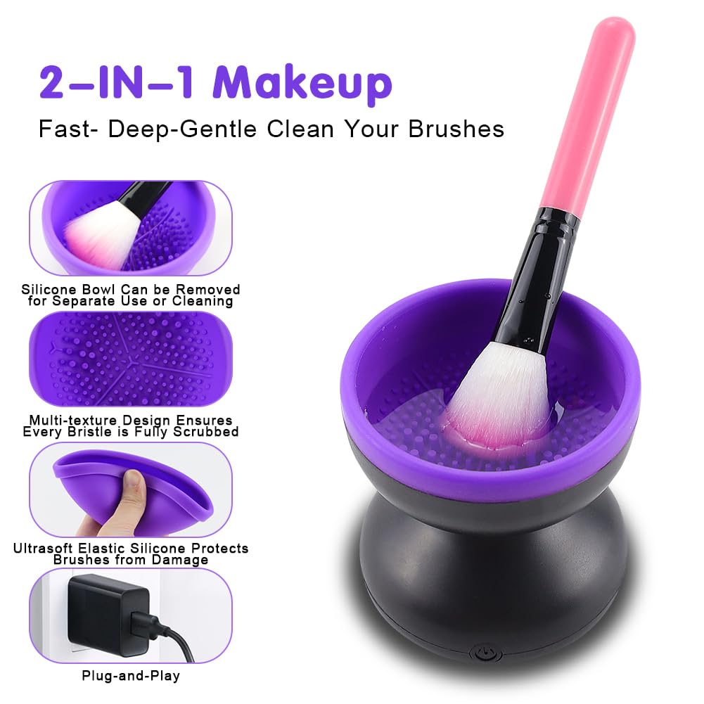 Lflwacy Electric Makeup Brush Cleaner, Silicone Brush Cleaner Machine for Portable Automatic USB Cosmetic Brush Cleaner Tools, Brush Cleaner Spinner for All Size Beauty Makeup Brushes