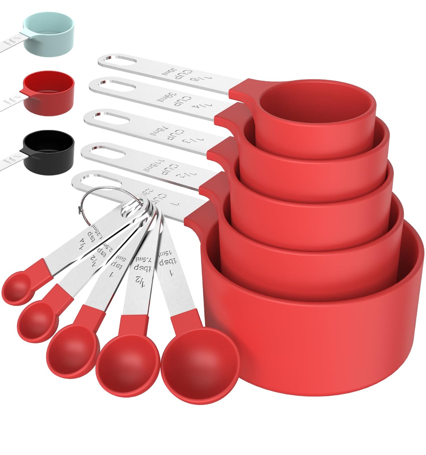 Juego de tazas y cucharas medidoras TILUCK, tazas y cucharas apilables, tazas medidoras anidadas con mango de acero inoxidable, utensilios de cocina para cocinar y hornear (rojo)