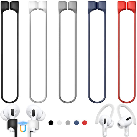 Lot de 5 sangles magnétiques ultra résistantes pour AirPods, cordon anti-perte pour AirPods 4e/AirPods Pro 1er et 2e/AirPods 3e/AirPods 1er et 2e, cordon de sport en silicone et crochet d'oreille - 5 sangles + 2 crochets d'oreille