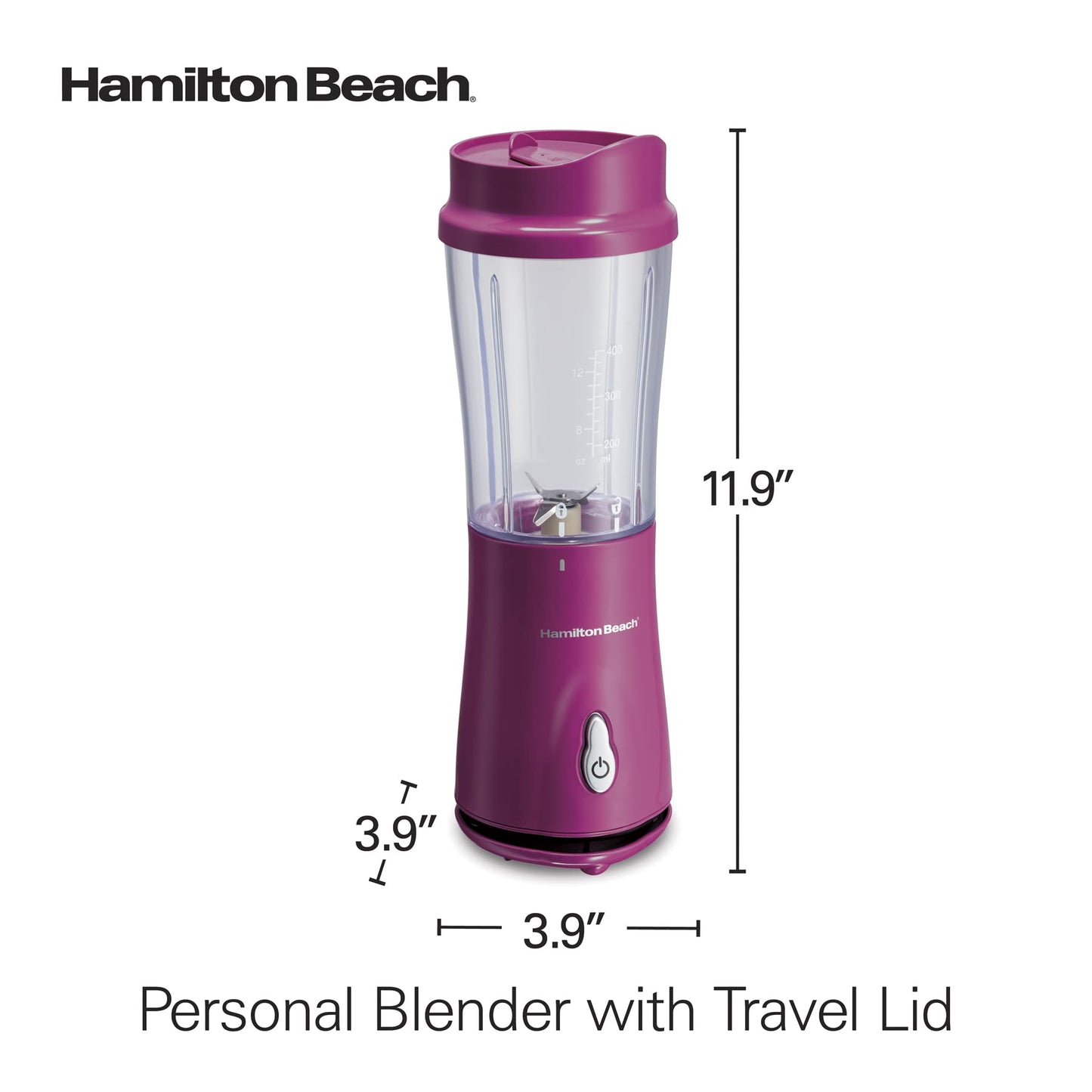 Hamilton Beach Portable Blender for Shakes and Smoothies with 14 Oz BPA Free Travel Cup and Lid, Durable Stainless Steel Blades for Powerful Blending Performance, Raspberry (51131)