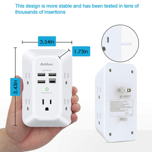 Addtam USB Wall Charger Surge Protector 5 Outlet Extender with 4 USB Charging Ports (1 USB C Outlet) 3 Sided 1800J Power Strip Multi Plug Outlets Wall Adapter Spaced for Home Travel Office ETL Listed