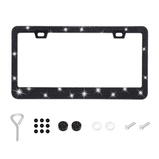 LevChall Lot de 1 cadre de plaque d'immatriculation Bling, en acier inoxydable brillant et mignon avec diamants d'eau, accessoires de voiture avec capuchons à paillettes diamantées, convient aux hommes et aux femmes (noir)