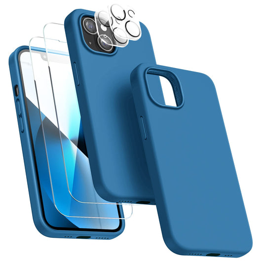 Estuche 5 en 1 diseñado para iPhone 13, con 2 protectores de pantalla + 2 protectores de lente de cámara, estuche protector de teléfono ultradelgado de silicona líquida a prueba de golpes [forro de microfibra] 6.1 (azul)