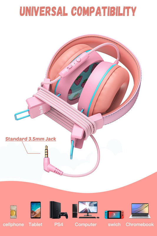 New bee Kids Headphones Wired for School with Microphone KH20 HD Stereo Safe Volume Limited 85dB/94dB Foldable Lightweight for Girl/Mac/Android/Kindle/Tablet/Pad (Pink)