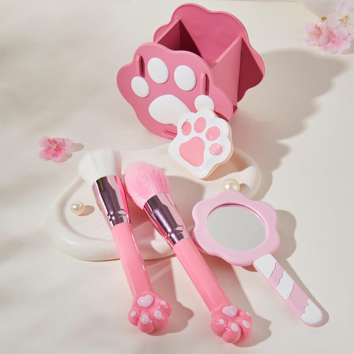 COSHINE Special Gifts for Teen Girls-Adorable Paw-Themed Makeup Brush Set with Cosmetic Sponge, Mirror and Storage Holder, Birthday Makeup Tools Gift Box for Niece Daughter Her