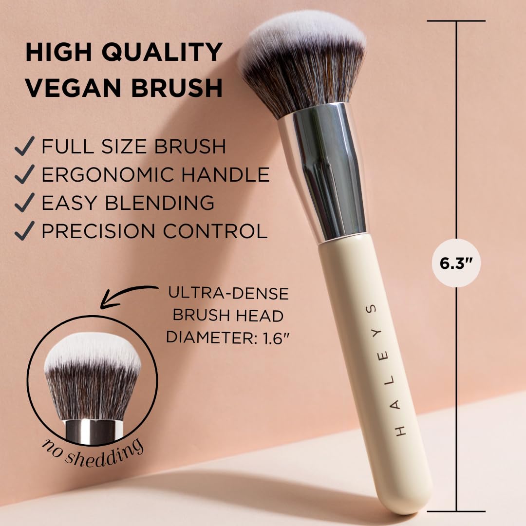 HALEYS Kabuki Makeup Brush VEGAN+CRUELTY-FREE, Sustainable Wood, Vegan Bristles for Airbrushed Finish, For Creams, Liquids, Powder, Streak-free, Perfect Blending, Buffs, Blurs, Smooths with Control