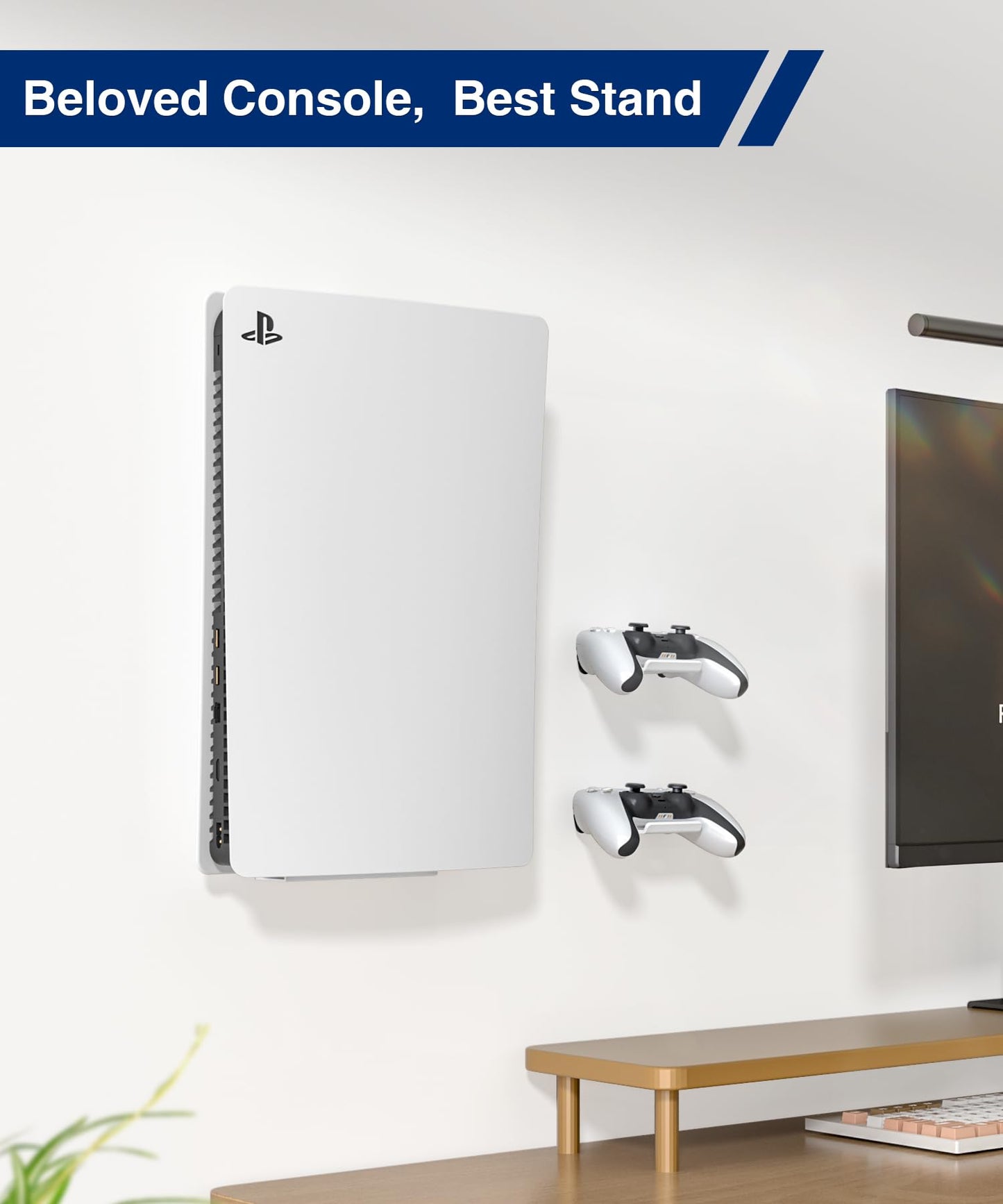 Console Holder Wall Mount for PS5: White Gaming Stand for PlayStation 5 Digital Disc Edition With 2 Controller Kits