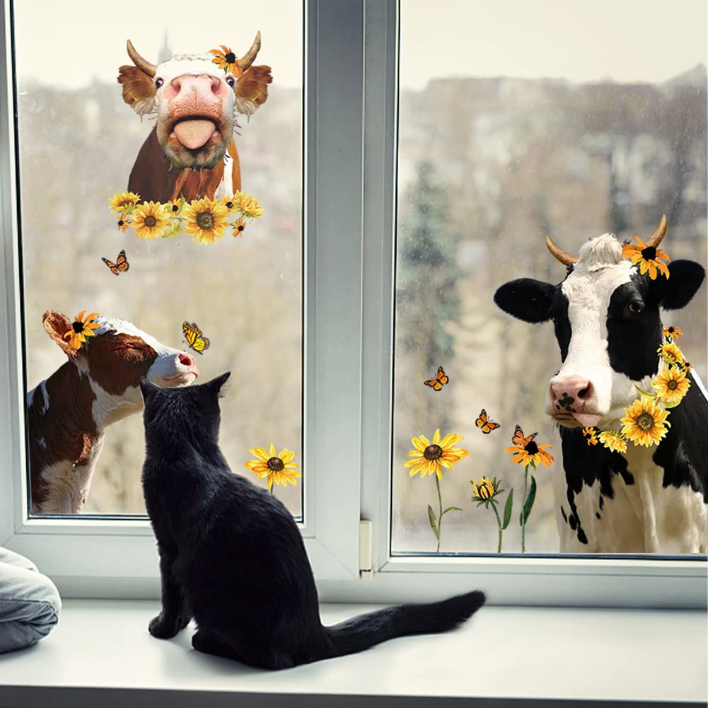 SUPERDANT Funny Farm Cow Wall Stickers Cute Cow Sunflower Vinyl Decals Funny Animal Wall Decals Butterfly Decor for Farmhouse Classroom Office Bedroom Kids' Room Window Decoration