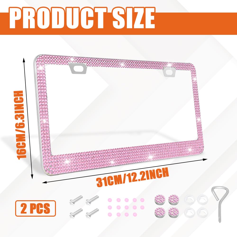 RGOAANC 2PCS Bling License Plate Frames for Women, License Plate Cover, Premium Stainless Steel Rhinestone License Plate Holder, Sparkly Rhinestone Diamond Car Accessories with Glitter Crystal Caps