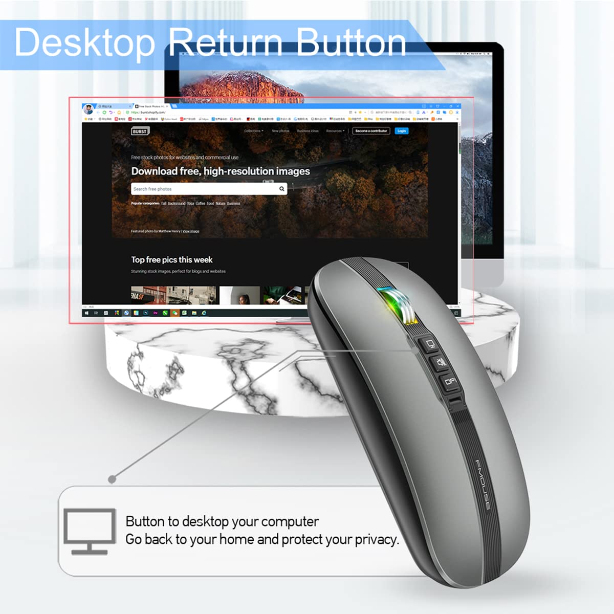 FMOUSE Slim Multifunctional Bluetooth Mouse with Multiple Buttons for Desktop Display/One Click Mute, Wireless Travel Mouse with RGB Lights for MacBook/pc/iPad/Laptop (Gray)