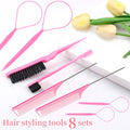 Hair Styling Tools Set 8 Pieces -4 Topsy hair Tail Tools 2 Rat Tail Combs, 1 Slick Back Hair Bristle Brush and 1 Edge Control Brush,Hair Pull Through Tools for Woman Girl Hair Styling. Pink Linmxiy