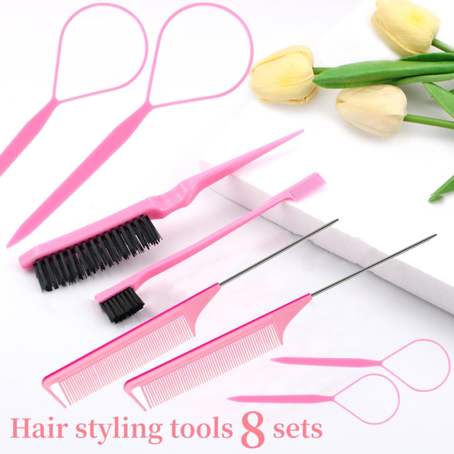 Hair Styling Tools Set 8 Pieces -4 Topsy hair Tail Tools 2 Rat Tail Combs, 1 Slick Back Hair Bristle Brush and 1 Edge Control Brush,Hair Pull Through Tools for Woman Girl Hair Styling. Pink Linmxiy