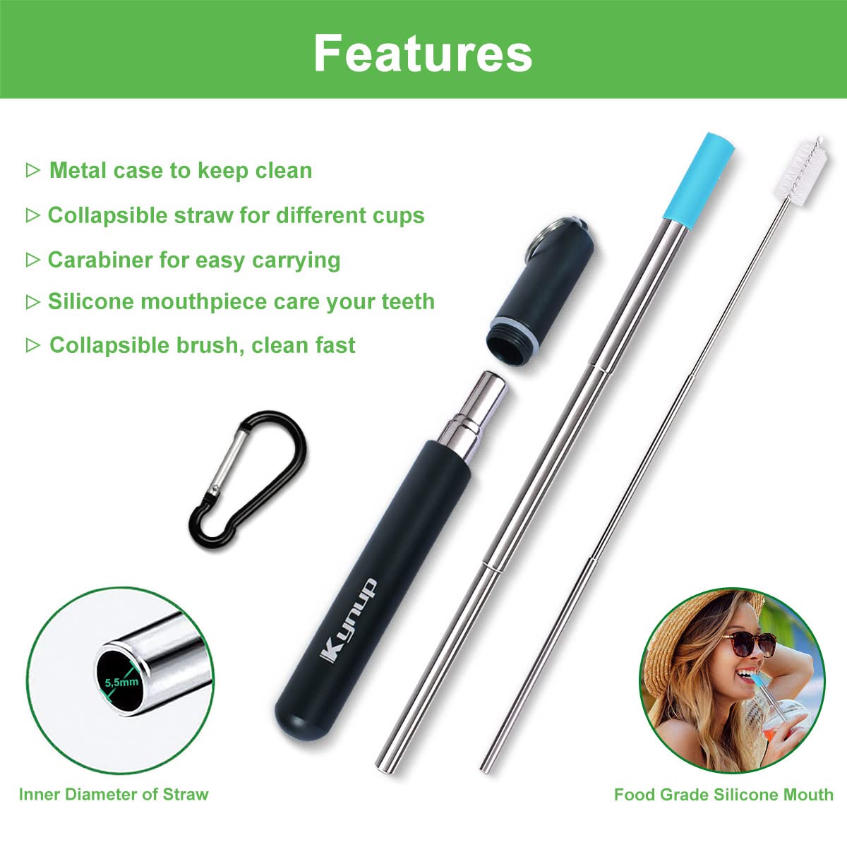 Kynup Reusable Straws, 4Pack Collapsible Portable Metal Straw Reusable Foldable Stainless Steel Drinking Travel Telescopic Straw with Case, Clean Brush, Keychain Gifts (Blue-Black- Rose Gold-Silver)