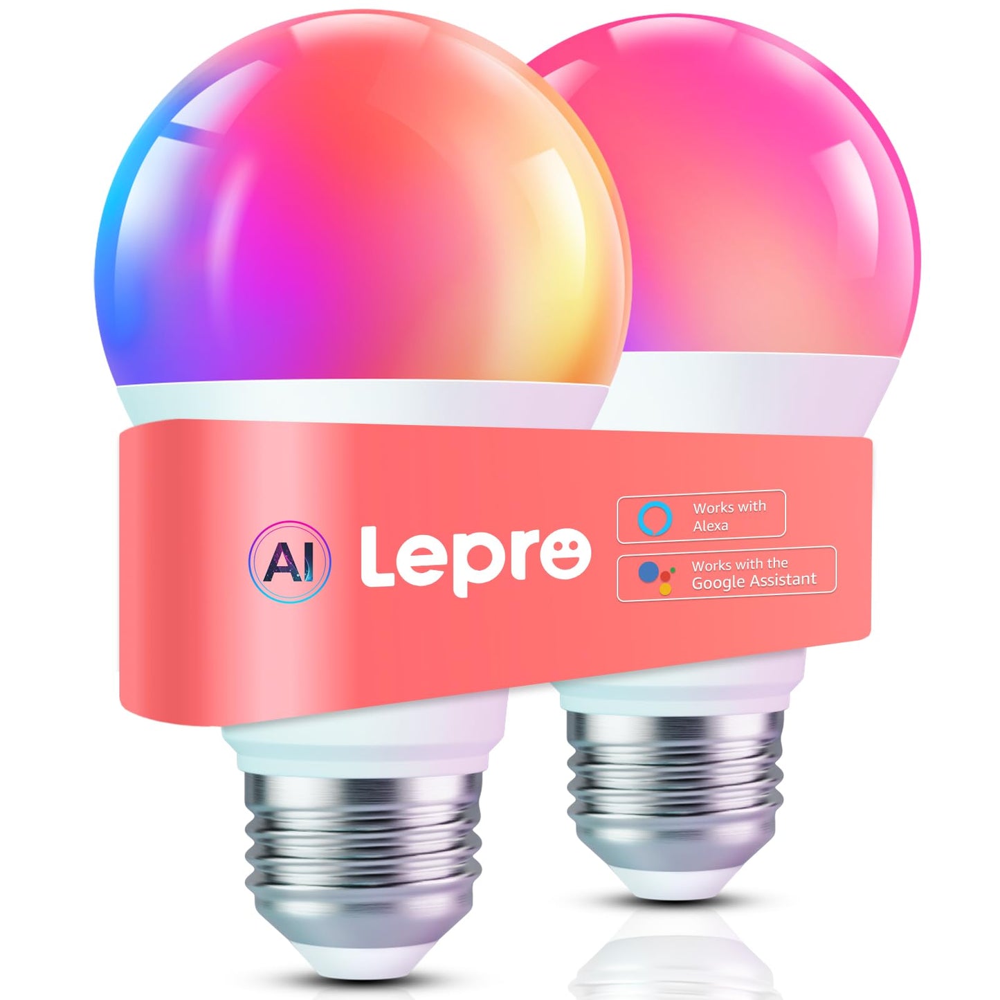 Bombillas inteligentes Lepro B1 AI: bombilla LED que cambia de color RGBWW con WiFi y Bluetooth compatible con Alexa y Google Assistant, iluminación generada por IA, control de voz por IA, sincronización de música, solo 2,4 GHz, 2 paquetes