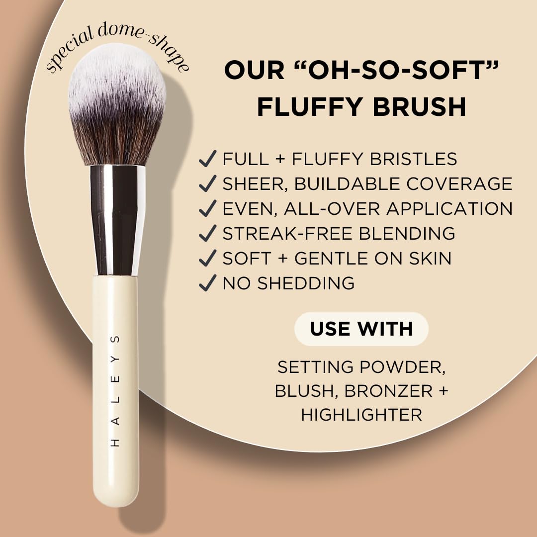 HALEYS Powder Brush VEGAN+CRUELTY-FREE, Soft, Streak-free, Perfect Blending, Buff, Blurs, Smooths, Control, Precision, Complexion tools, For powder, setting powder, blush, Sustainable Wood Handle