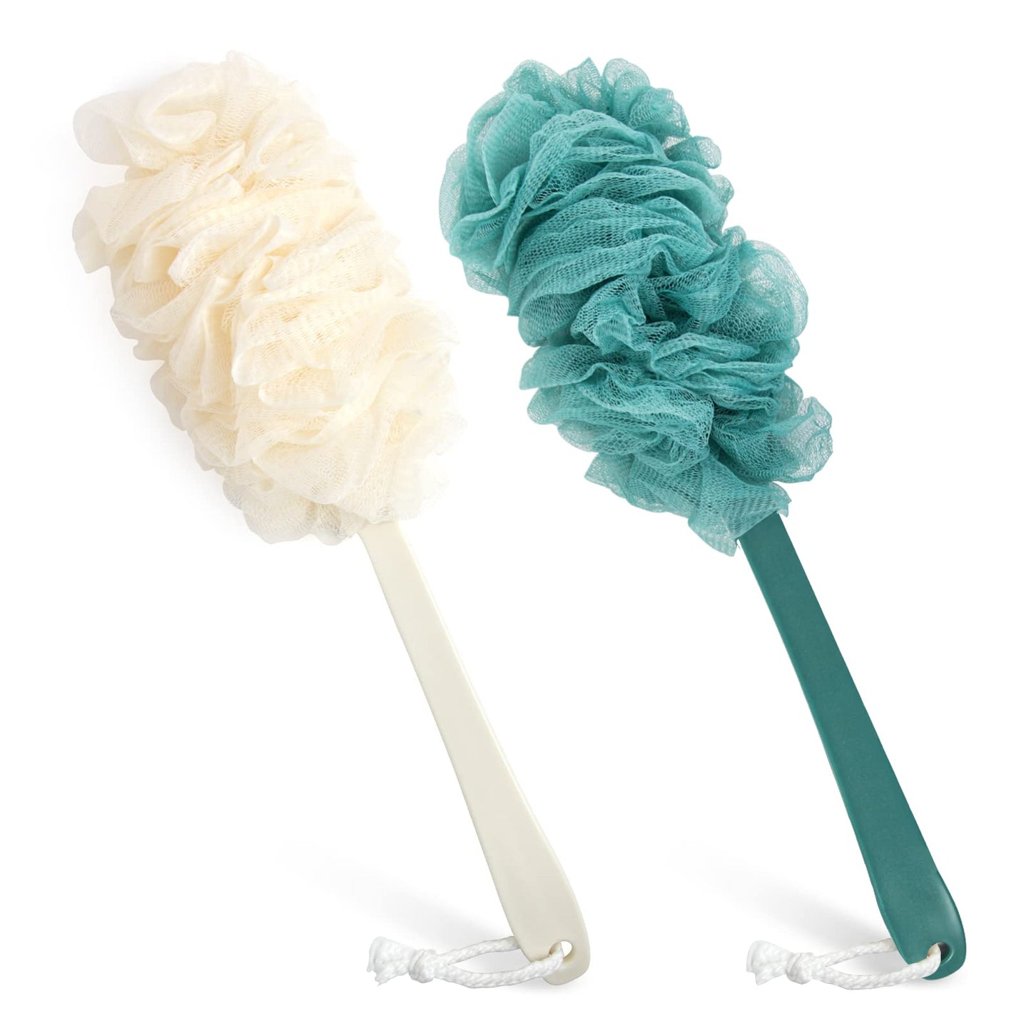 Lot de 2 brosses à dos pour douche, brosse de douche en éponge luffa PIPUHA exfoliante pour le corps avec long manche, luffa sur un bâton pour hommes et femmes, accessoires de bain pour brosses pour le corps (bleu et blanc)