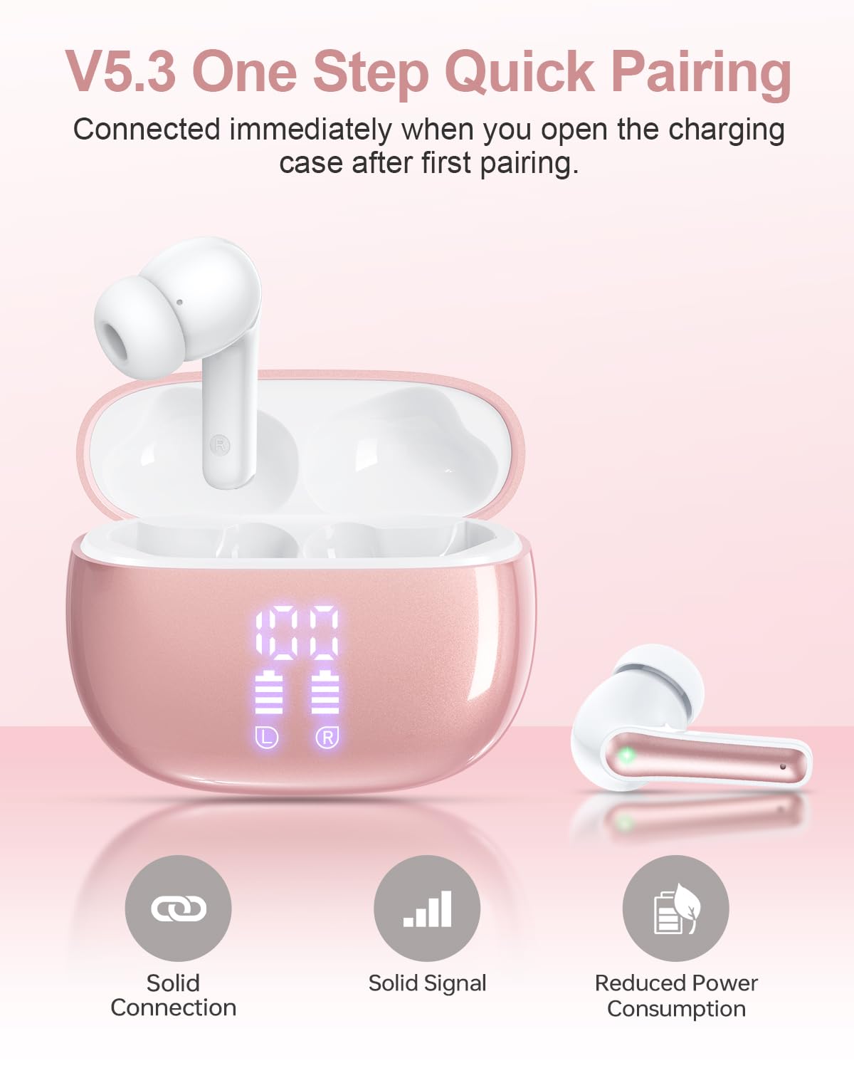 Auriculares inalámbricos Bluetooth, 40 horas de reproducción, estéreo, IPX5, resistentes al agua, pantalla LED de encendido, auriculares internos inalámbricos con micrófono para iPhone, Android, teléfono móvil deportivo, color rosa