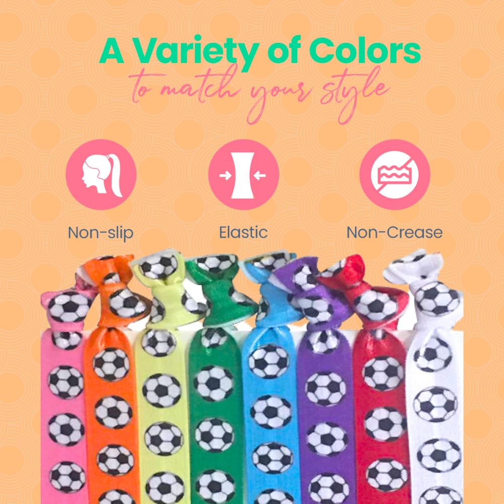 Infinity Collection Soccer Hair Accessories, Set of 8 - Soccer Hair Ties, No Crease, Multicolored Elastics