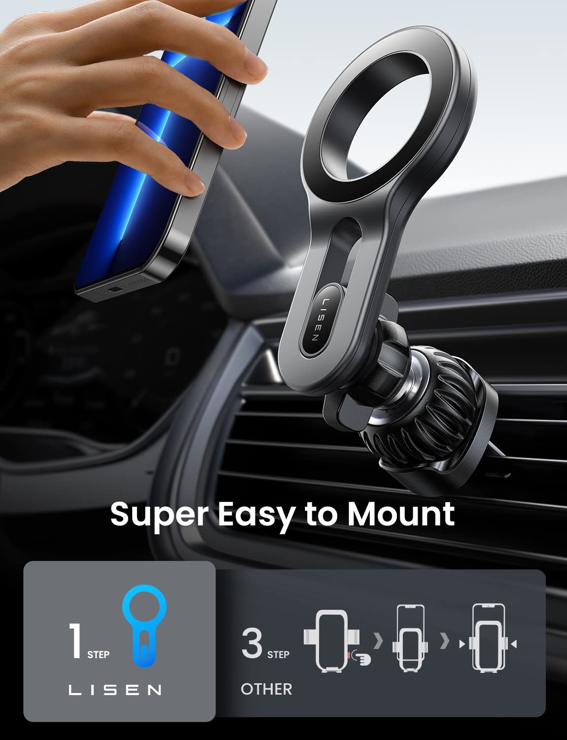 LISEN for iPhone 16 MagSafe Car Mount, [Quick Install] Magnetic Mag Safe Car Phone Holder Vent, Car Accessories Gifts Stocking Stuffers for iPhone 16 Pro Max 15 14 13 12 Plus Mini Men Women, Black