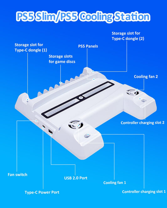 JZW-Shop Support PS5 Slim avec station de refroidissement pour PS5 Slim/PS5 Disc &amp; Digital, chargeur de contrôleur PS5 Slim avec ventilateur de refroidissement à 3 niveaux, lumière RVB, hub USB et 11 emplacements de jeu pour accessoires PS5 Slim