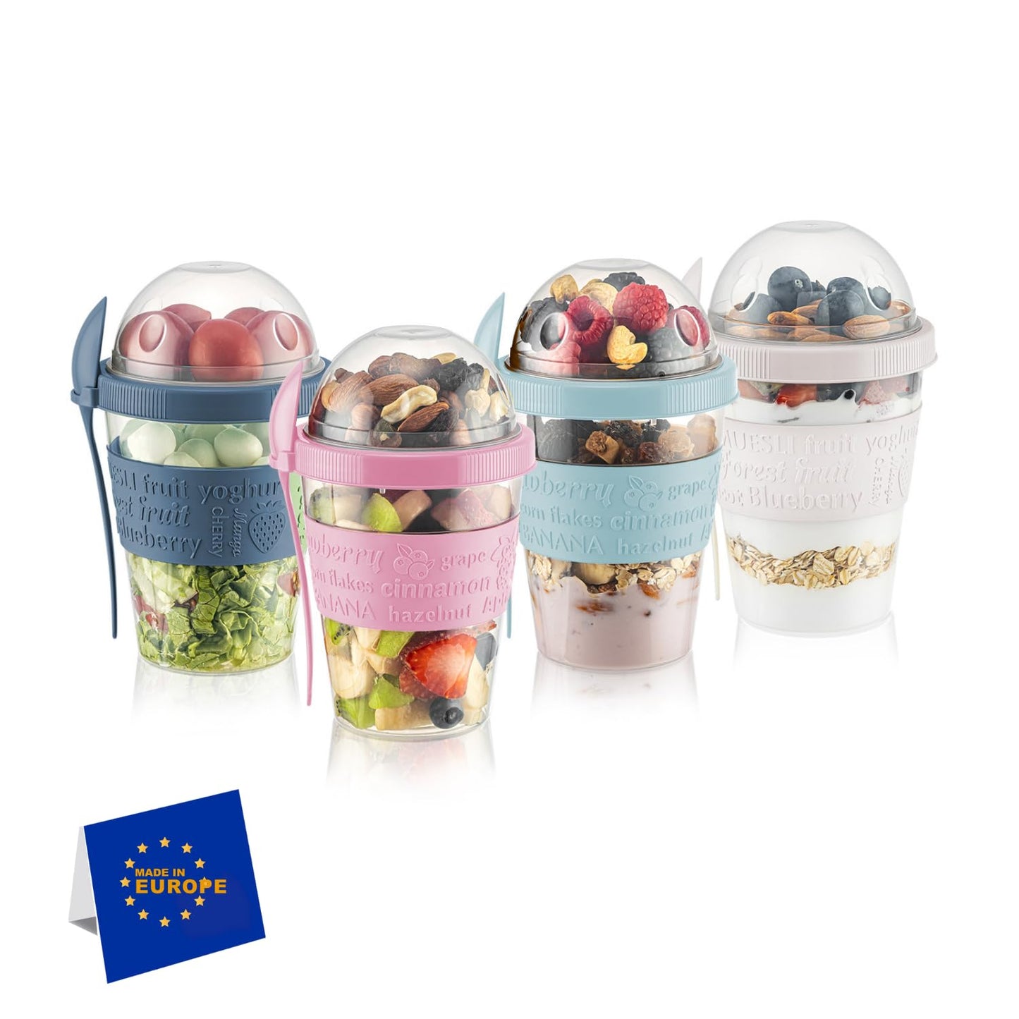 IDOBY Recipientes para avena durante la noche con tapas y cuchara, recipientes para yogur para preparar comidas, vasos para parfait con tapas, vaso para bocadillos de gran capacidad, vasos reutilizables sin BPA de 20 oz (juego de 4)