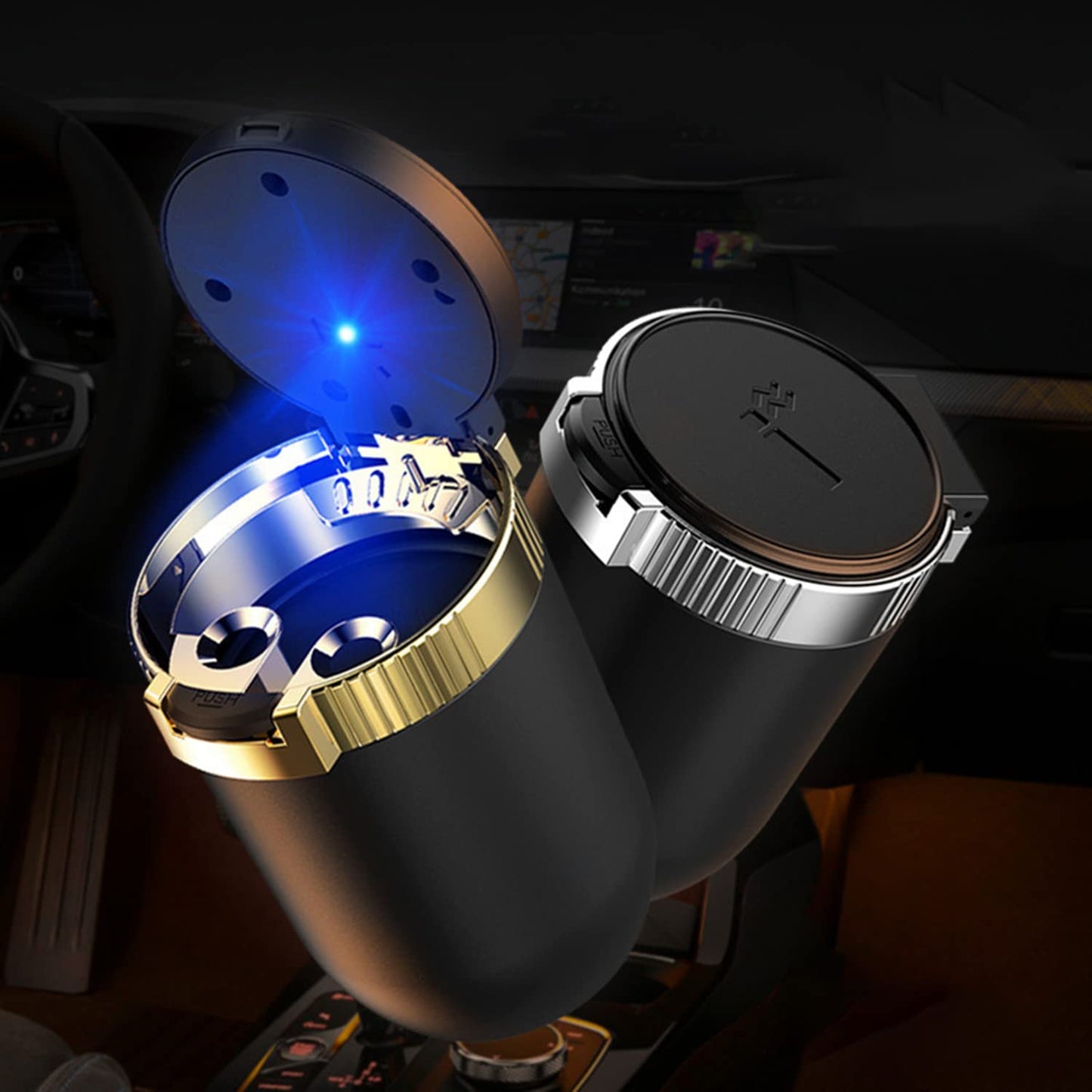 Cenicero para coche con tapa, cenicero portátil, mini bote de basura dorado para coche con luz LED azul, resistente al viento, para viajes al aire libre (dorado)