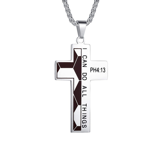 Soccer Cross Necklace for Men Bible Verse I CAN DO All Things Stainless Steel Sport Pendant for Men(Silver)