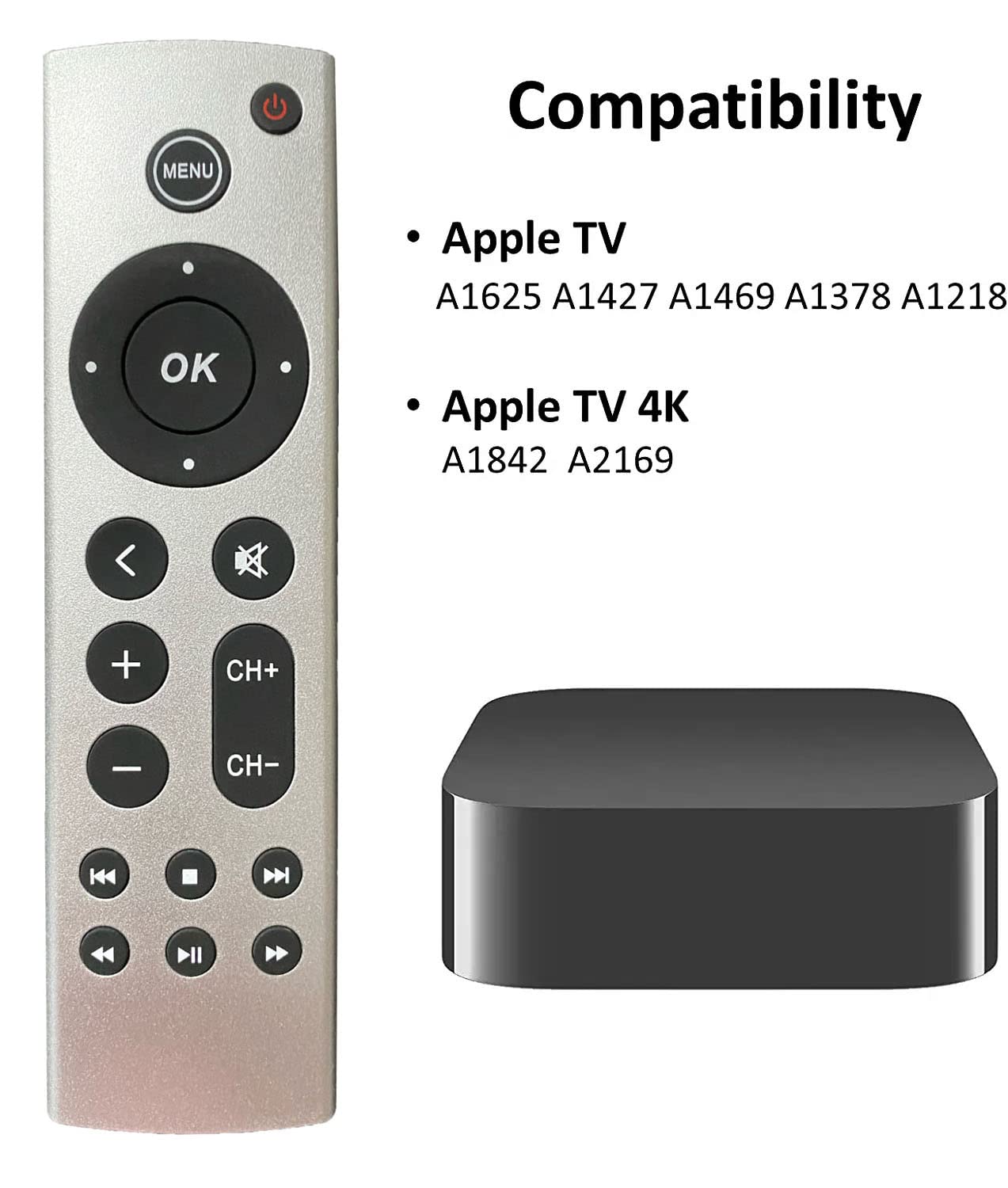 Universal Replacement Remote for Apple TV 4K/ Gen 1 2 3 4/ HD A2843 A2737 A2169 A1842 A1625 A1427 A1469 A1378 A1218, No Voice Command Included