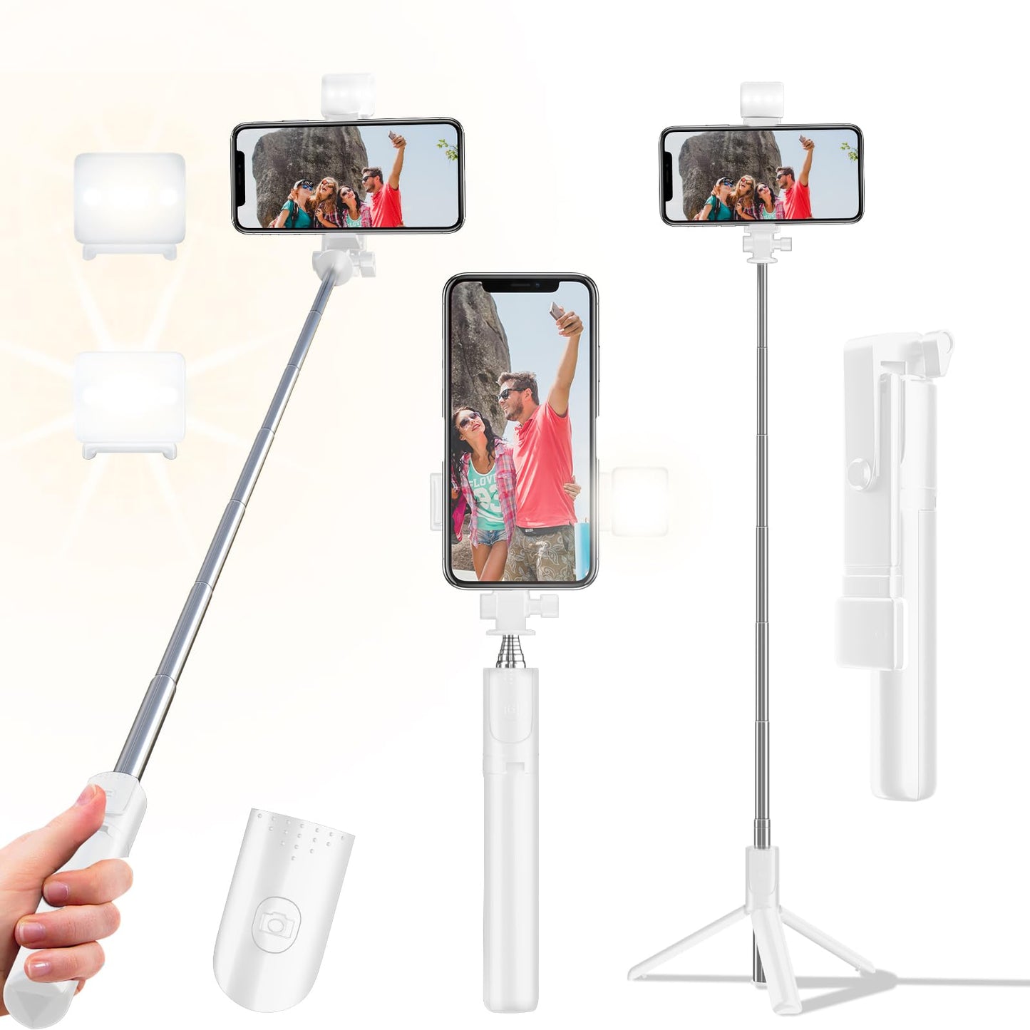 Trípode para selfies, trípode retráctil de 40 pulgadas para iPhone con control remoto inalámbrico y luz, trípode portátil para teléfono para fotografías, transmisión en vivo, grabación de video, compatible con todos los teléfonos celulares