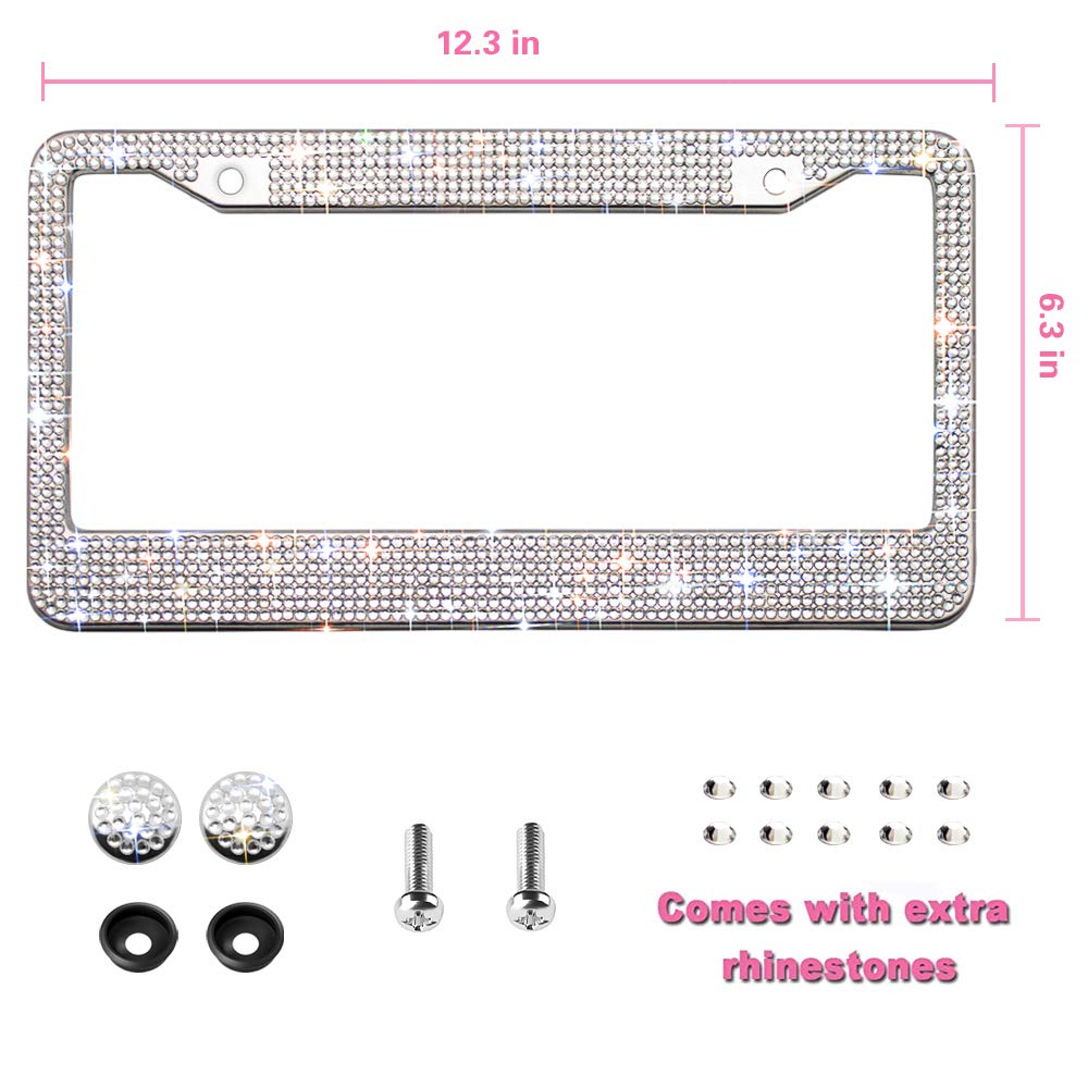 Cadre de plaque d'immatriculation OKLPF Bling pour femme, cadre de plaque d'immatriculation en acier inoxydable blanc scintillant | Plus de 1 200 cristaux strass en verre transparent à 14 facettes avec boîte de diamants pailletés gratuite, 1 pièce