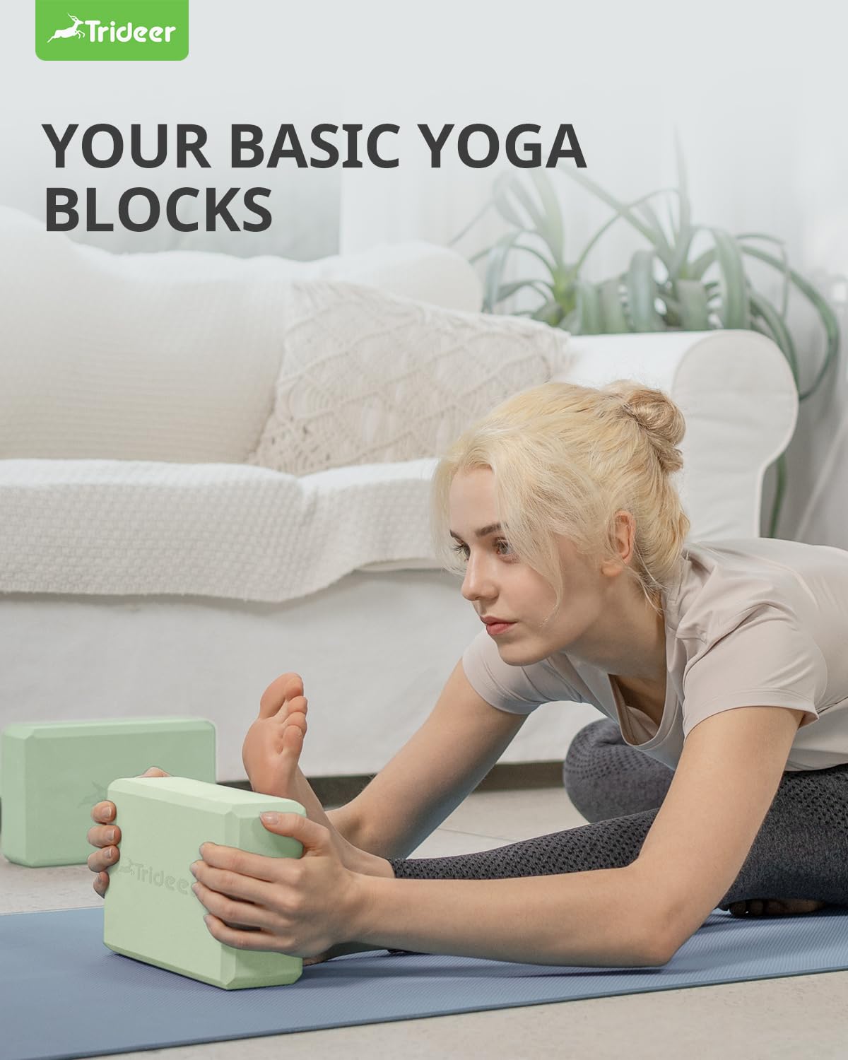 Bloque de yoga Trideer, bloques de espuma premium con superficie suave y antideslizante, de apoyo, livianos, sin olor, accesorios de yoga para pilates, meditación, fitness general, estiramiento y tonificación (verde menta, paquete de 2)