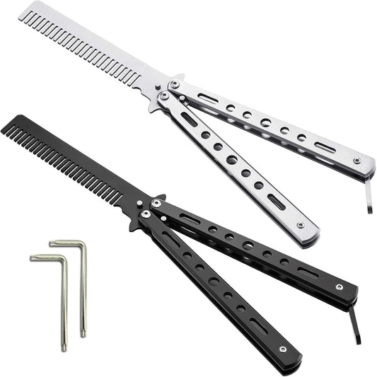 2 Pieces Combs Stainless Steel Folding Practice Combs Hair Styling Tools for Sport Outdoor Use (Black, Silver)