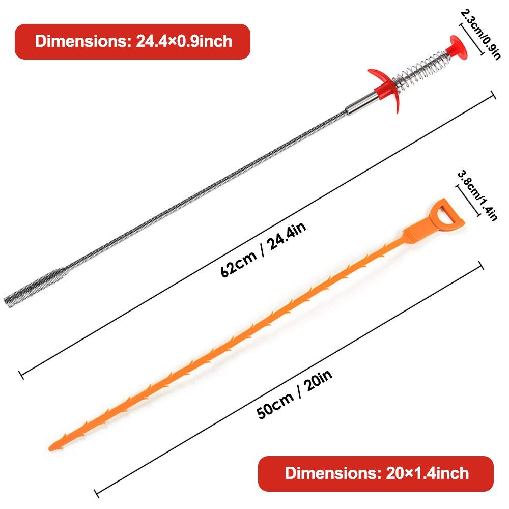 SENHAI - Juego de 7 herramientas de dragado de alcantarillado, removedor de obstrucciones de drenaje de cabello de 20 pulgadas, herramienta de limpieza de barrena para alivio de drenaje (2 de acero inoxidable y 5 de plástico)
