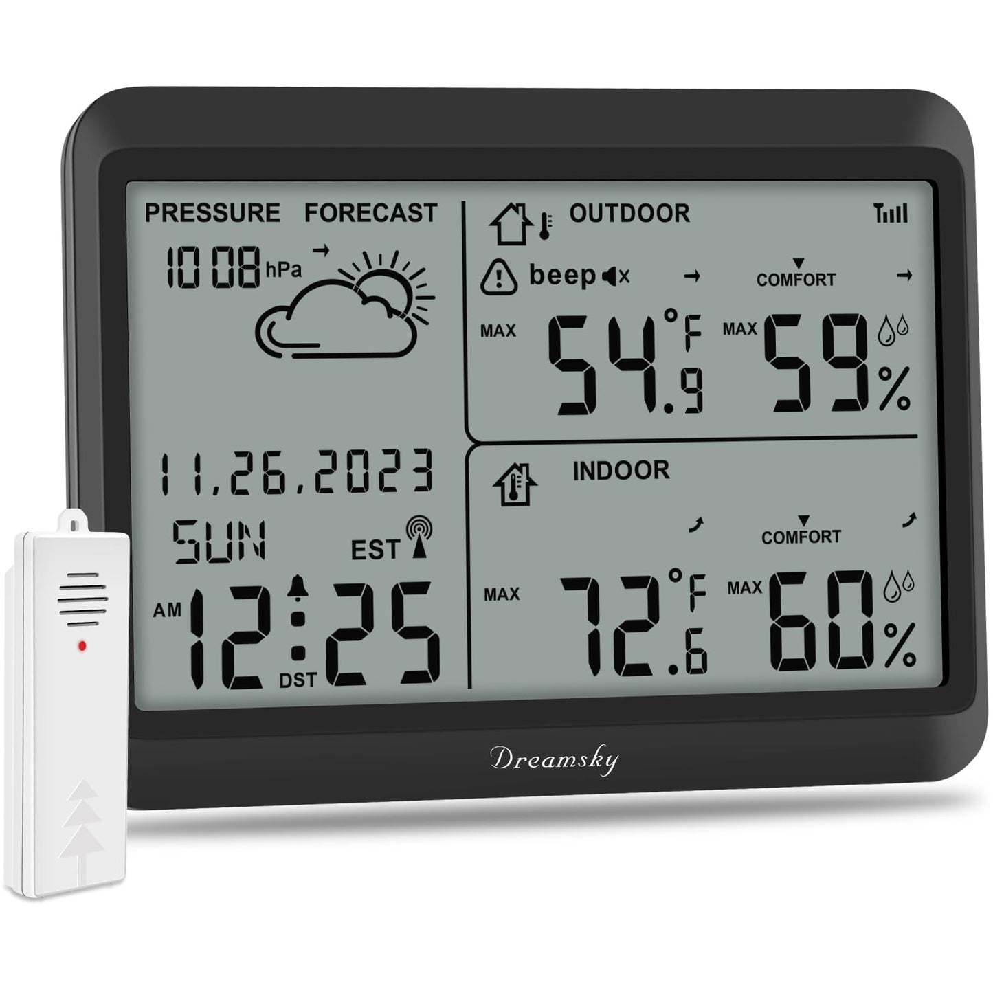 DreamSky Weather Station Indoor Outdoor Thermometer Wireless - Atomic Clock with Indoor/Outdoor Temp, Date & Day, Battery Powered, Home Weather Forecast Clock with Inside Outside Temperature Humidity