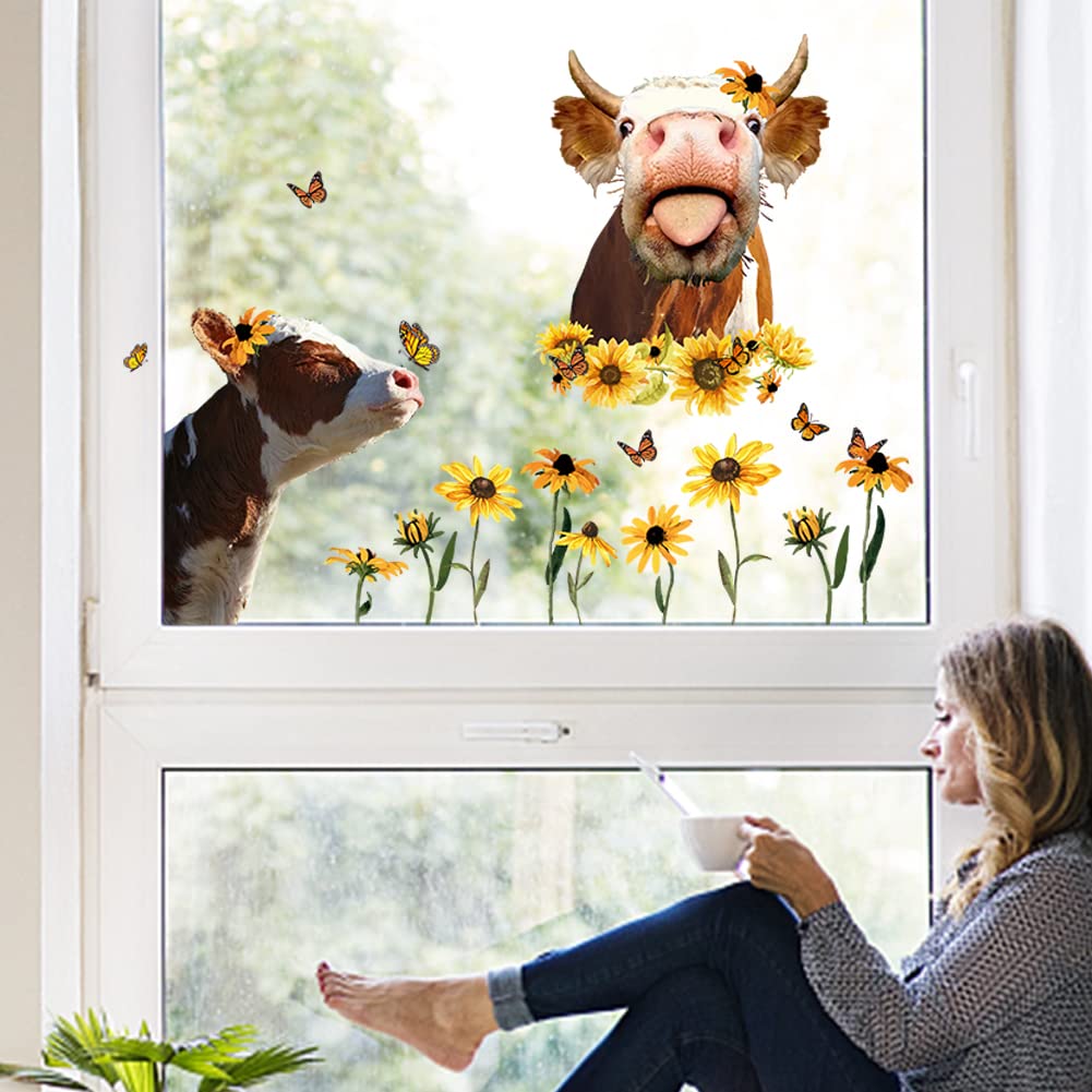 SUPERDANT Funny Farm Cow Wall Stickers Cute Cow Sunflower Vinyl Decals Funny Animal Wall Decals Butterfly Decor for Farmhouse Classroom Office Bedroom Kids' Room Window Decoration