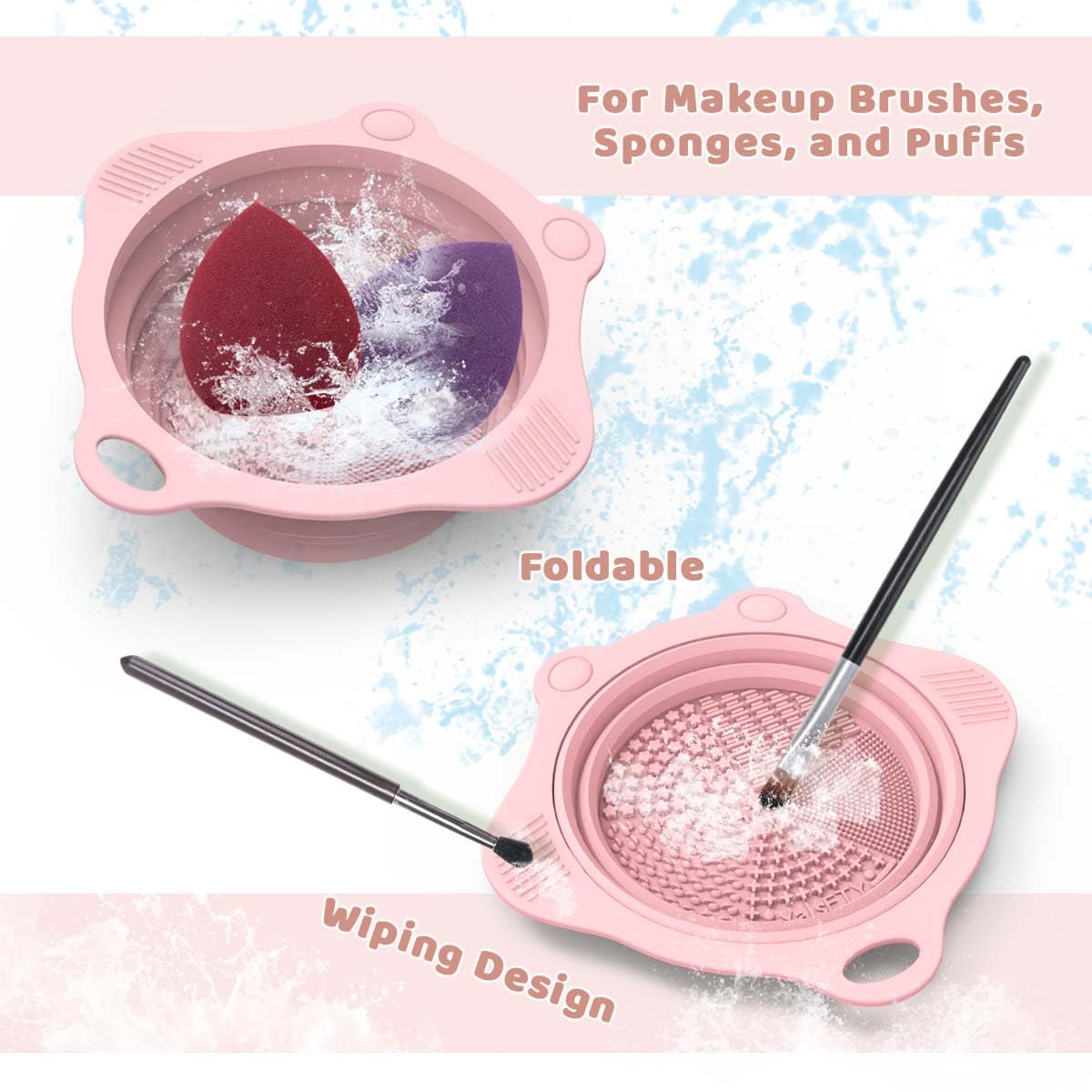 Foldable Silicone Makeup Brush Cleaner Pad Bowl, YalsFTY Portable Mat Scrubber Cleaning Tool for Makeup Brushes (Pink)