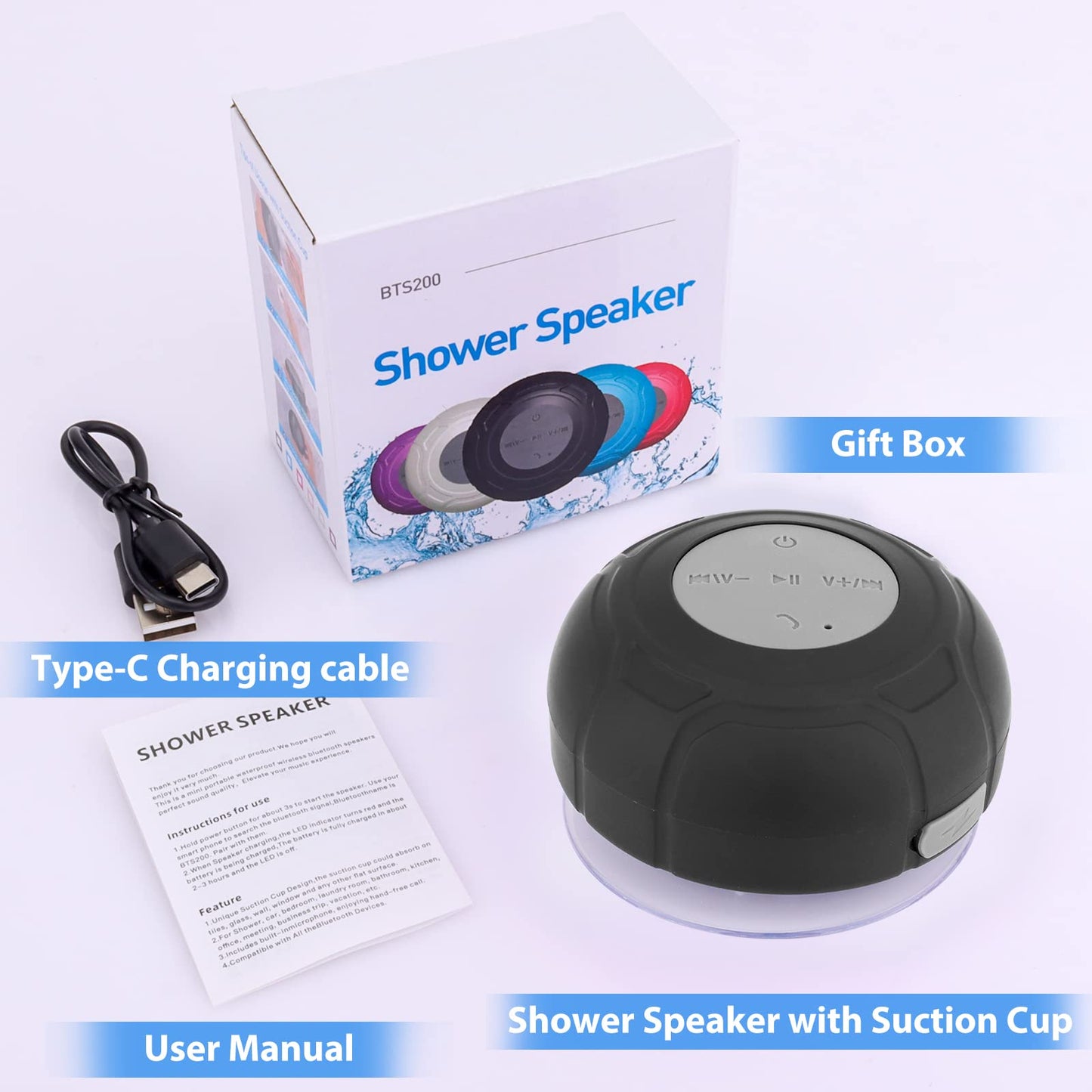 Annlend Waterproof Bluetooth Shower Speaker Portable Wireless Water-Resistant Speaker Suction Cup,Built-in Mic Gifts for Kids Speakerphone for iPhone Phone Tablet Bathroom Kitchen - Black