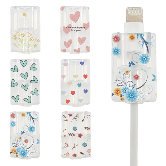 PLIGREAT - 6 protectores de cable con diseño de flores para iPhone, iPad, cargador, diseño de corazones de colores variados, pequeños patrones florales, protector de cable de datos USB, accesorio para teléfono