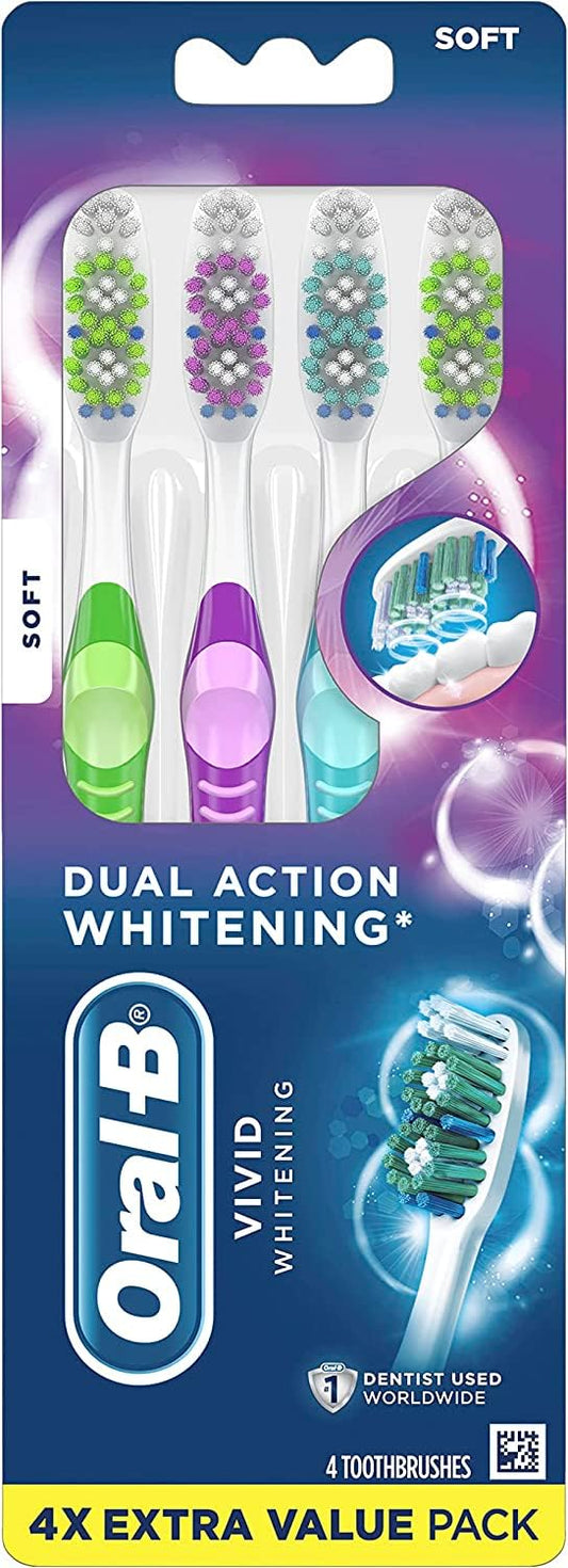 Oral-B Advantage Vivid Dual Action Whitening Toothbrushes, Soft, Tooth Brush Pack of 4 Count, Tooth Brushes (Packaging and Product Color May Vary)