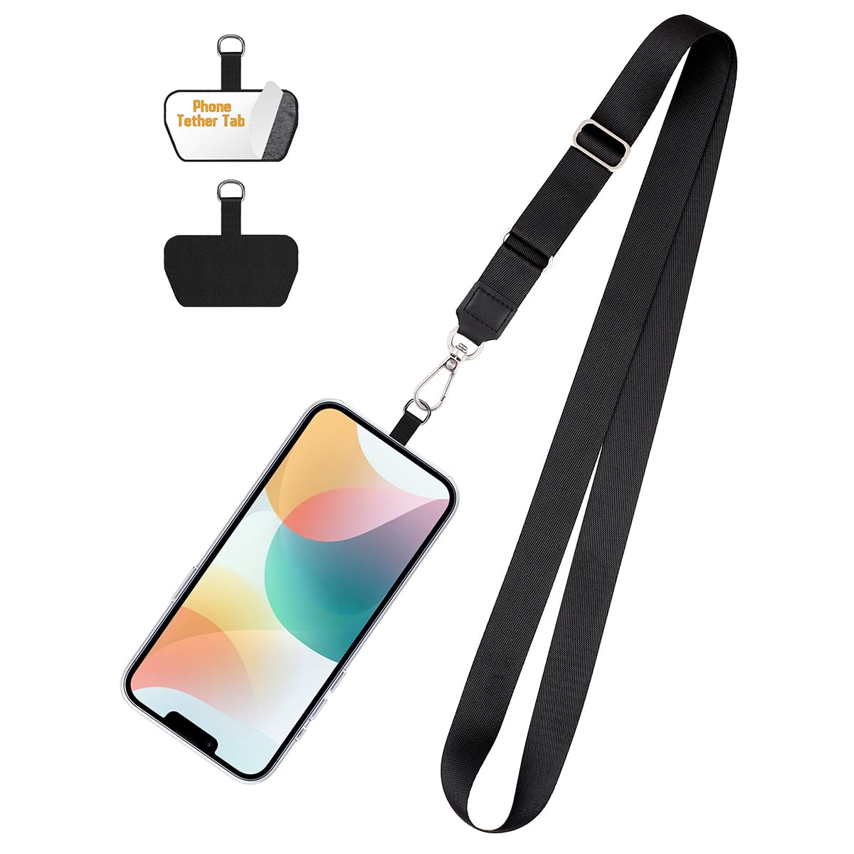 COOKOOKY Phone Lanyard， Adjustable Neck Strap and Phone Patches， Universal Cell Phone Multifuctional Patch Lanyards Compatible with Most Smartphones(1, Black)