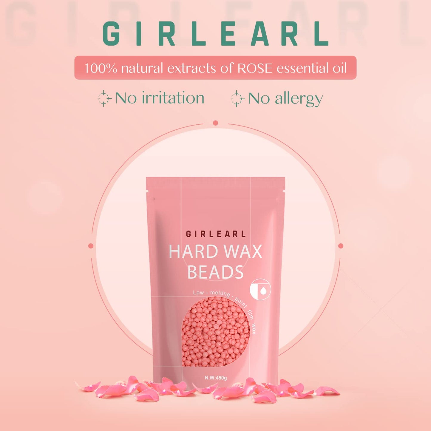 GIRLEARLE Perlas de cera dura, 1 lb de perlas de cera para depilación de pieles sensibles con fórmula de rosa, perfectas para todo el cuerpo, rostro, bikini brasileño y piernas en casa, recarga de cera para mujeres y hombres (rosa)