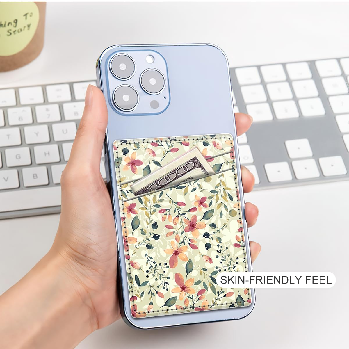 AFPRNK Card Holder for Phone Case, Phone Card Holder Leather, Dual Pocket Phone Wallet Stick On for iPhone, Android Cell Phone - Boho Flower