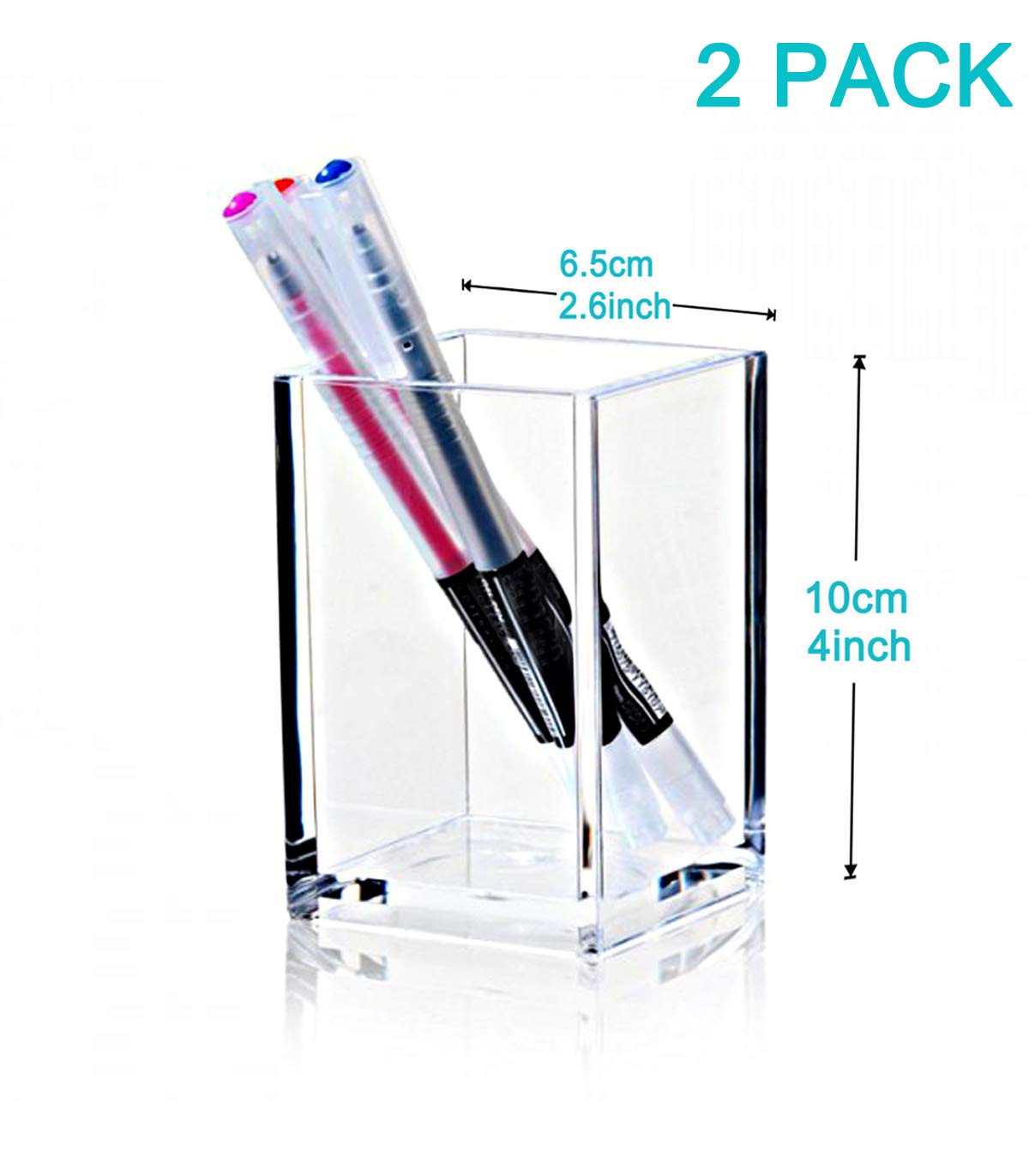 2 Pack Clear Acrylic Pencil Pen Holder Cup,Desk Accessories Holder,Makeup Brush Storage Organizer,Modern Design Desktop Stationery Organizer for Office School Home Supplies,2.6x 2.6x 4 inches