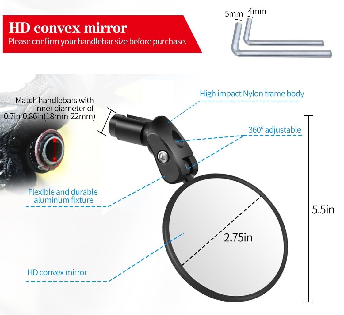 Rétroviseur de vélo pour guidon, 1 rétroviseur de vélo, rétroviseur de sécurité HD, rétroviseur convexe monté sur guidon réglable avec clé Allen, pour vélos de route de montagne (1 miroir)