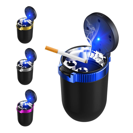 Cenicero para coche Suvnie con tapa, cenicero desmontable de acero inoxidable sin humo con luz LED azul, mini bote de basura para portavasos, oficina en casa, accesorios interiores para coche (azul)