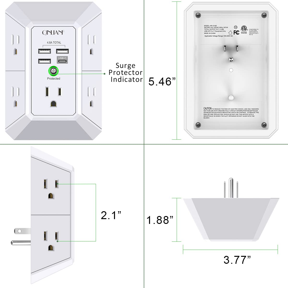 Wall Charger, Surge Protector, QINLIANF 5 Outlet Extender with 4 USB Charging Ports (4.8A Total) 3-Sided 1680J Power Strip Multi Plug Adapter Spaced for Home Travel Office (3U1C)